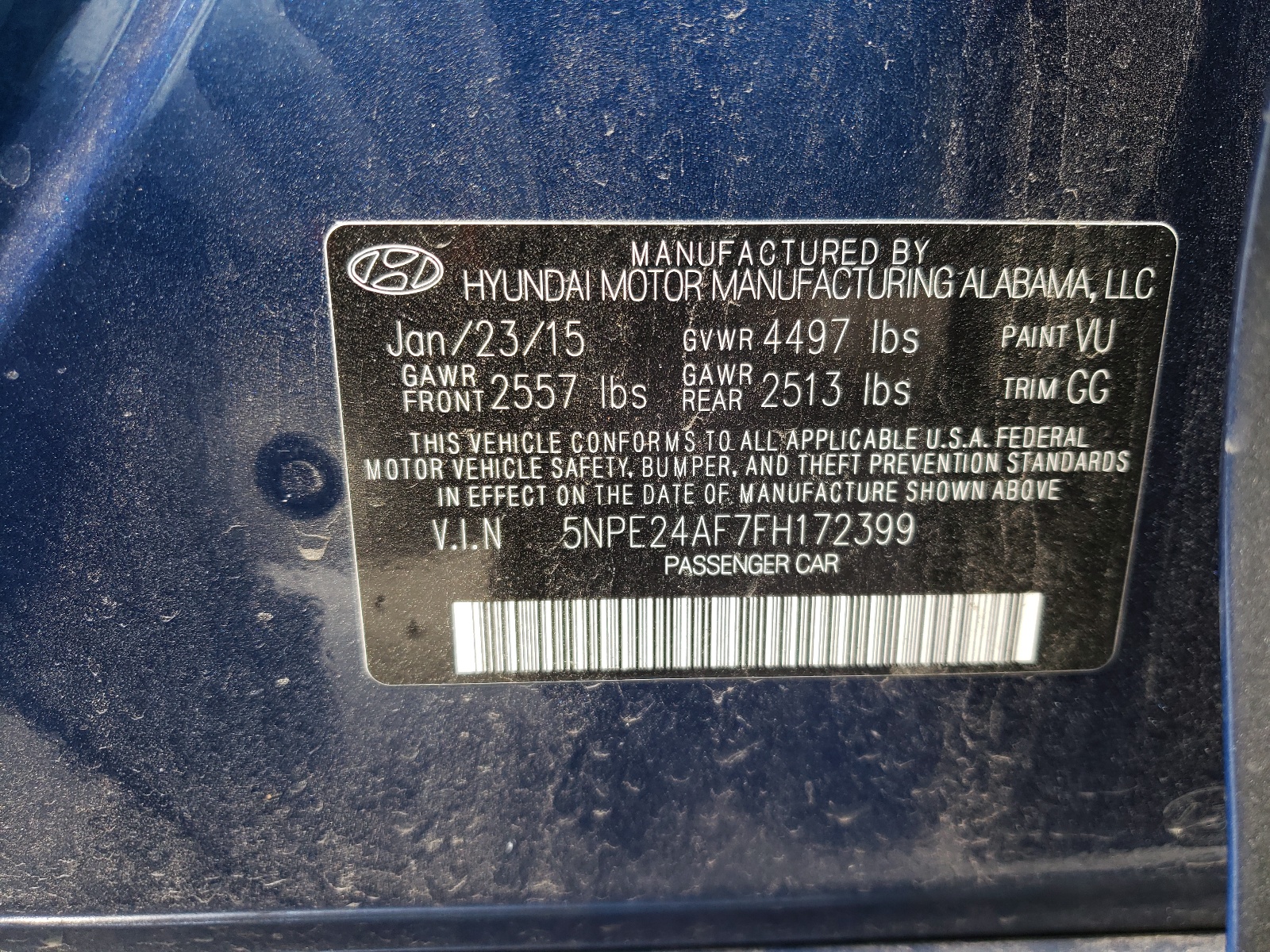 Photo 10 from auction – 2015 HYUNDAI SONATA SE with VIN 5NPE24AF7FH172399