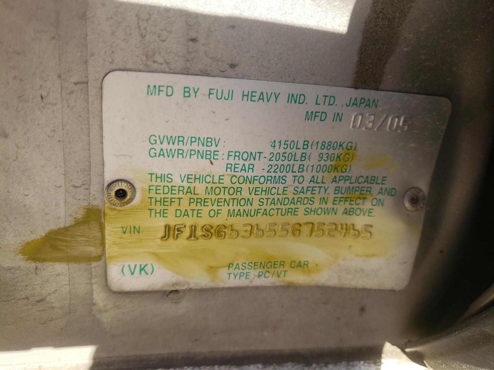 Photo 10 from auction – 2005 SUBARU FORESTER 2 with VIN JF1SG63655G752465