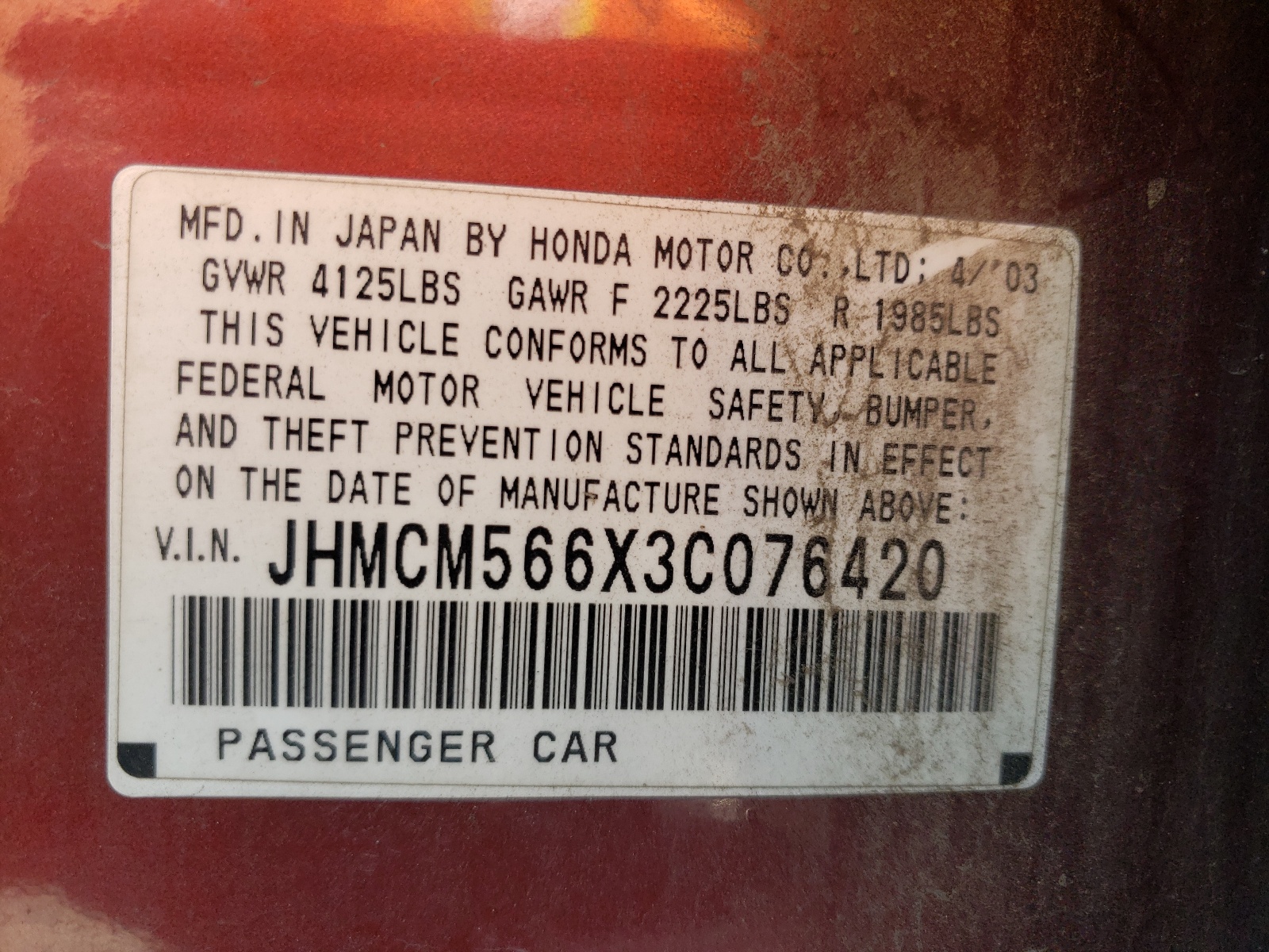 Photo 10 from auction – 2003 HONDA ACCORD EX with VIN JHMCM566X3C076420