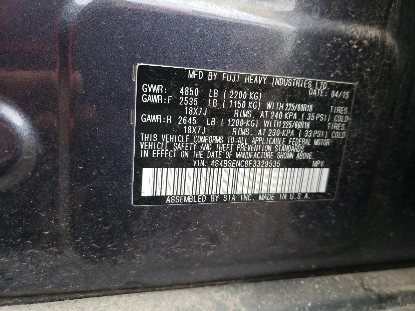 Photo 10 from auction – 2015 SUBARU OUTBACK 3. with VIN 4S4BSENC8F3329535