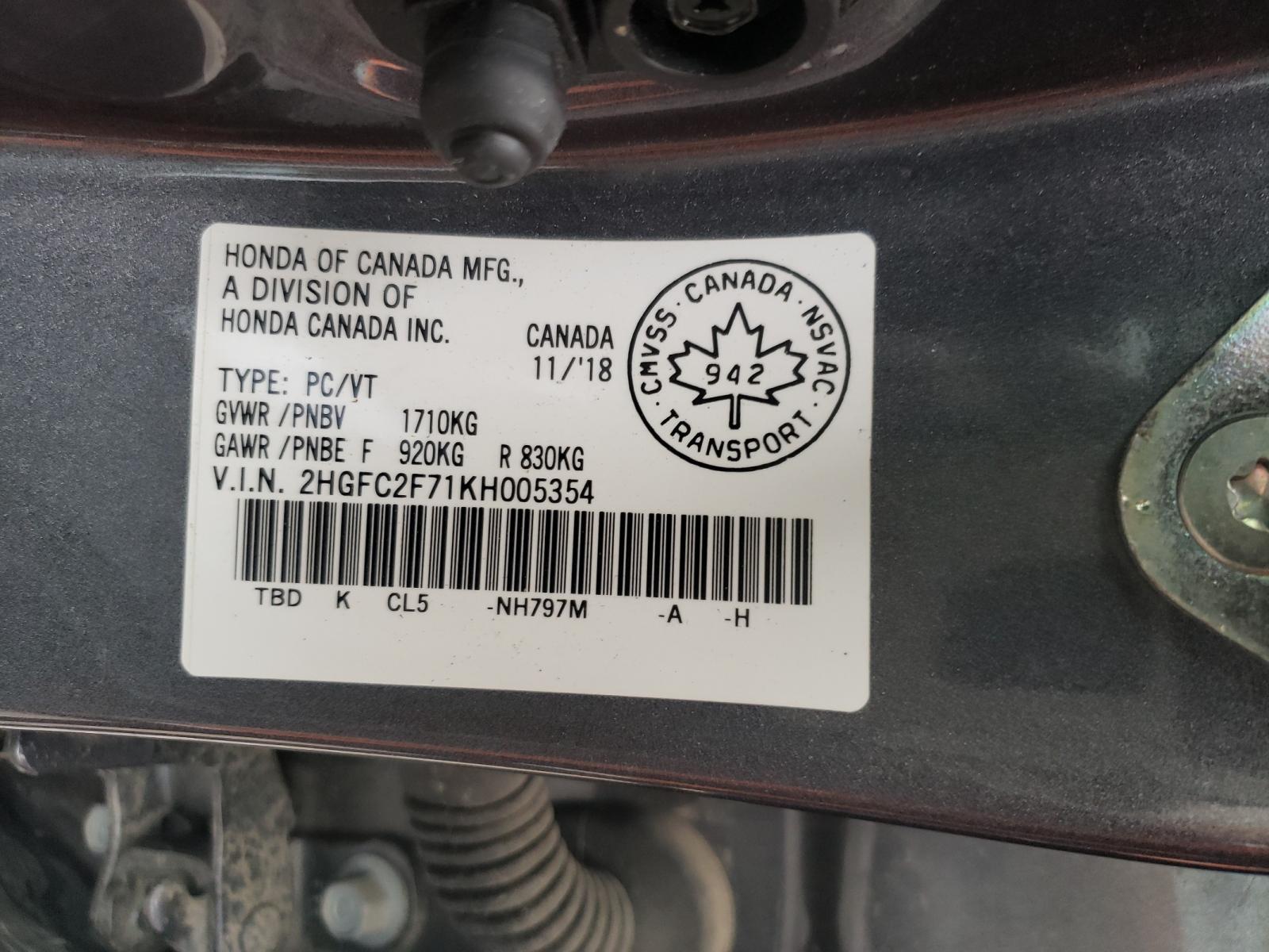 Photo 10 from auction – 2019 HONDA CIVIC EX with VIN 2HGFC2F71KH005354