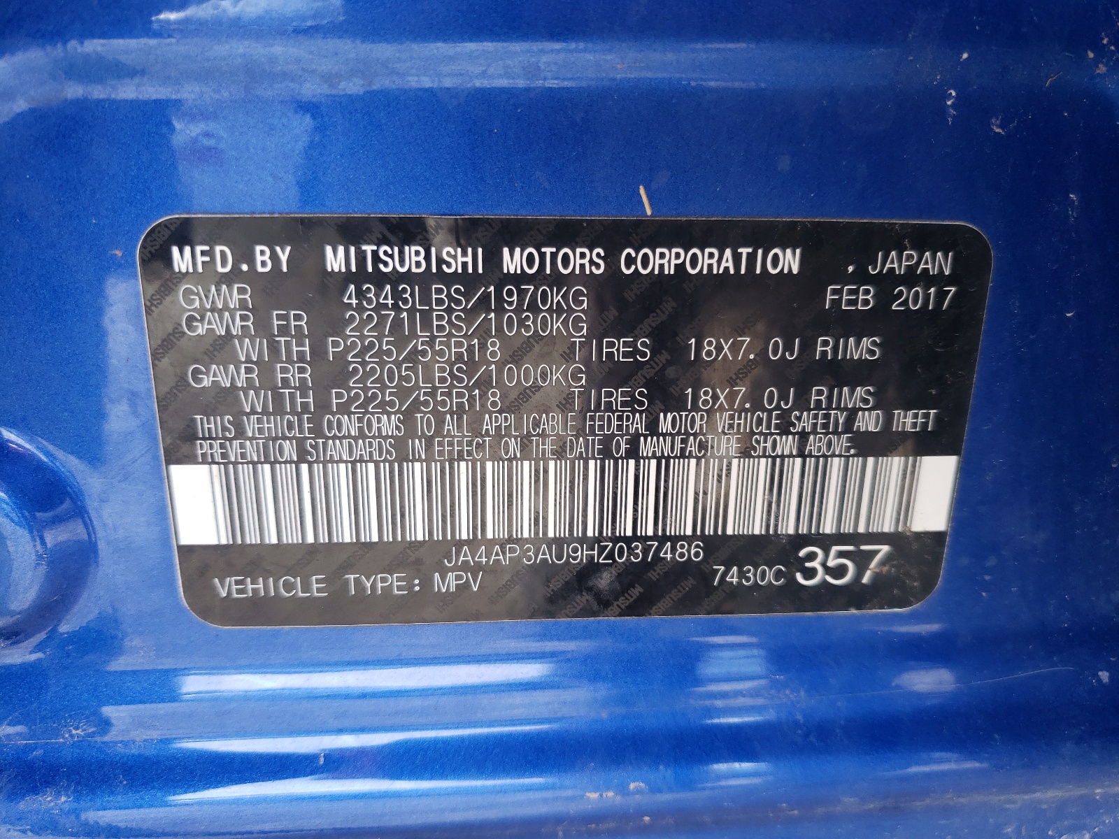Photo 10 from auction – 2017 MITSUBISHI OUTLANDER with VIN JA4AP3AU9HZ037486