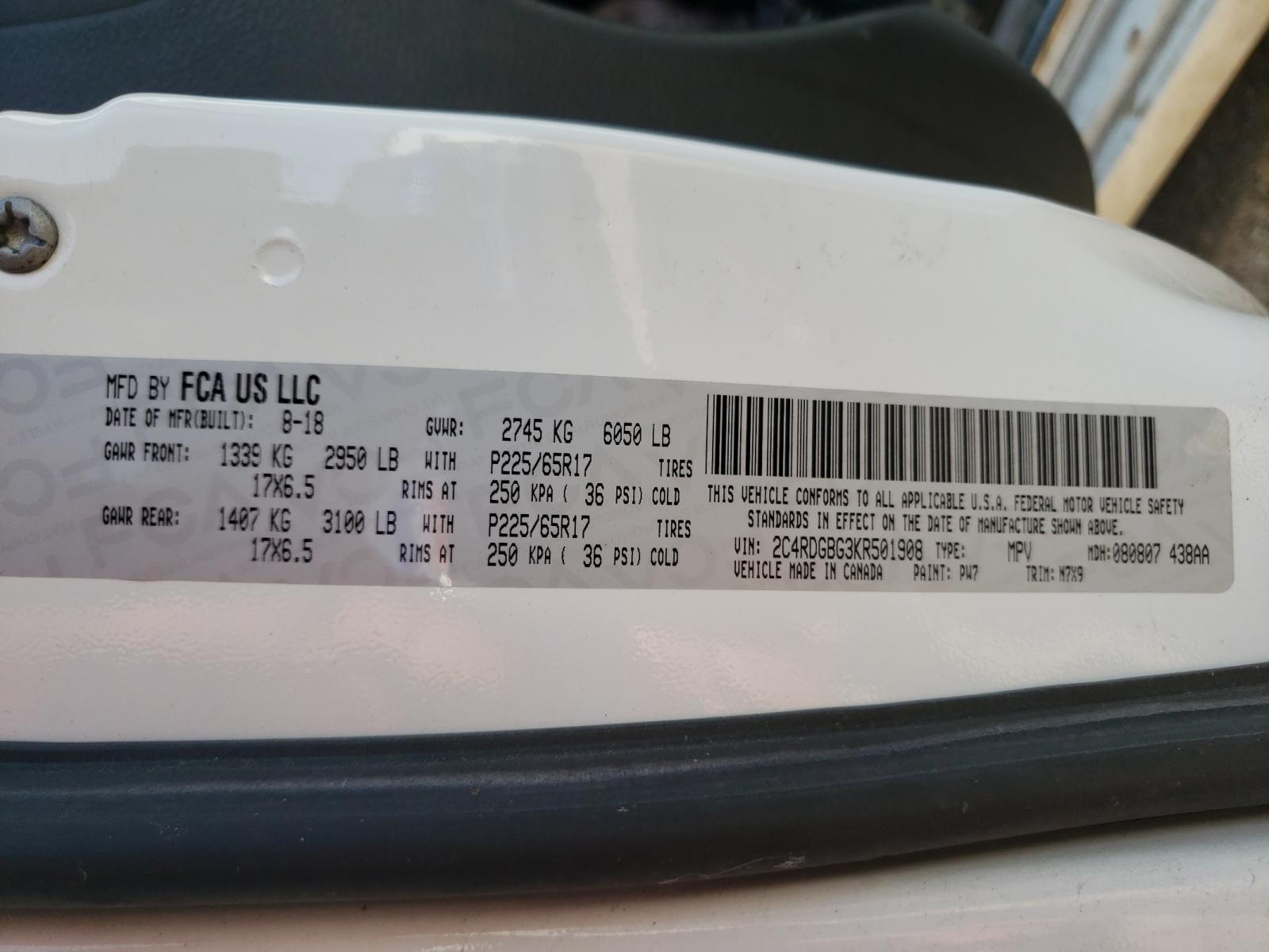 Photo 10 from auction – 2019 DODGE GRAND CARA with VIN 2C4RDGBG3KR501908