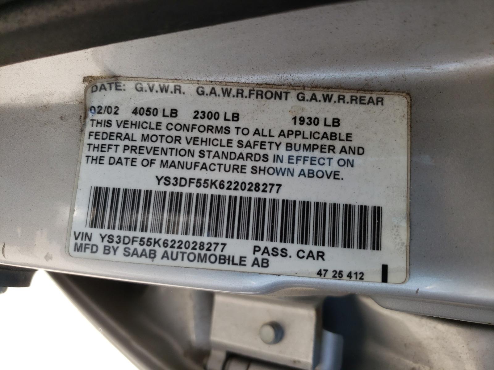Photo 10 from auction – 2002 SAAB 9-3 SE with VIN YS3DF55K622028277