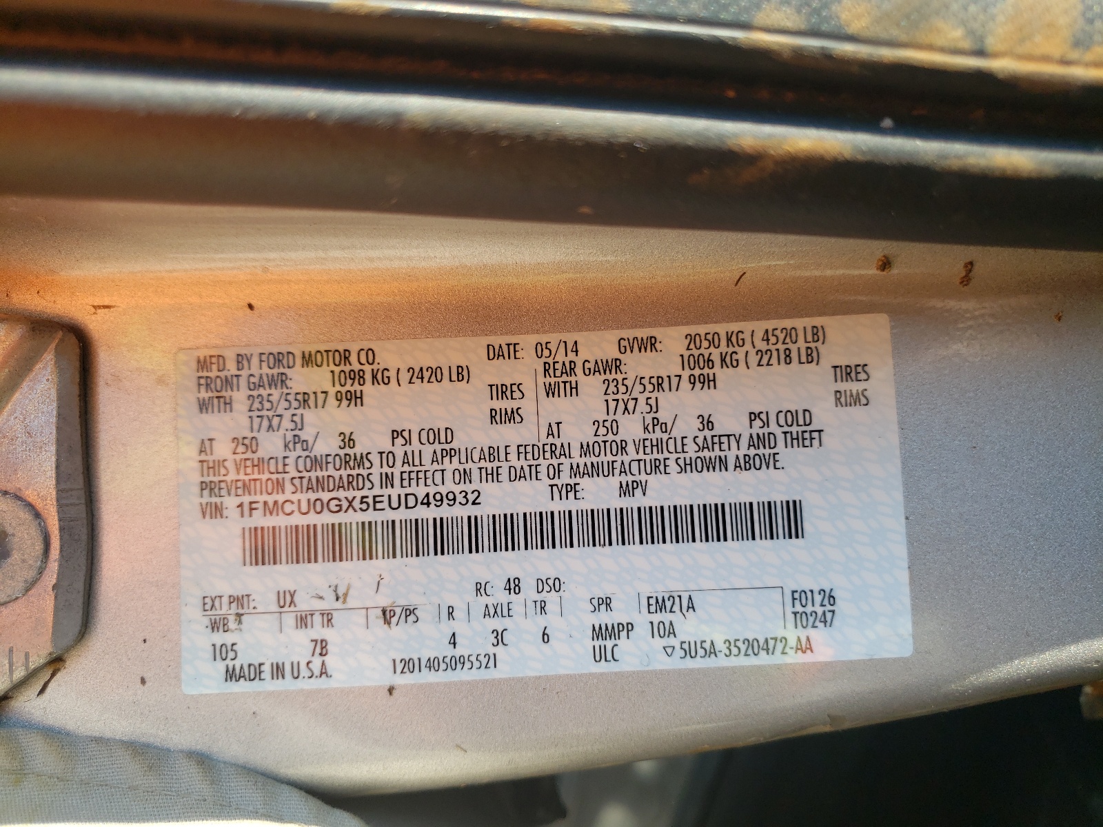 Photo 10 from auction – 2014 FORD ESCAPE SE with VIN 1FMCU0GX5EUD49932