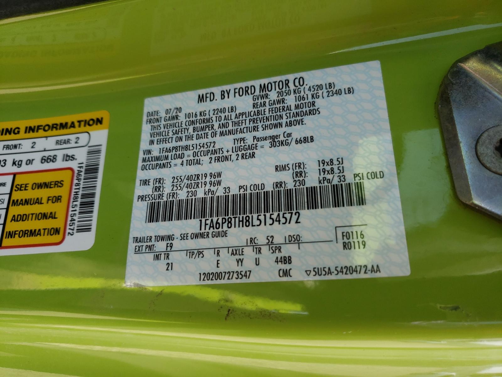 Photo 10 from auction – 2020 FORD MUSTANG with VIN 1FA6P8TH8L5154572