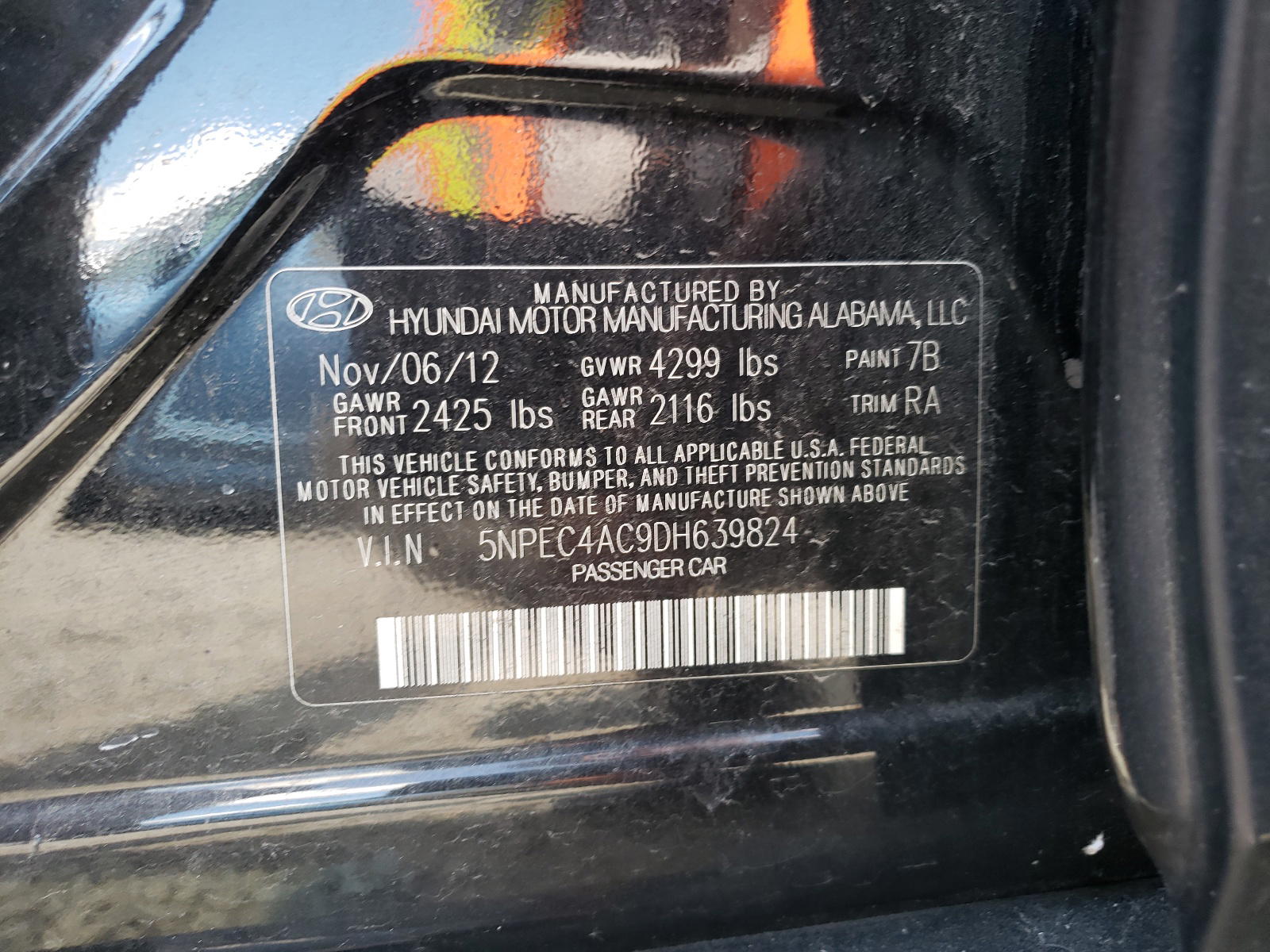 Photo 10 from auction – 2012 HYUNDAI SONATA SE with VIN 5NPEC4AC9DH639824