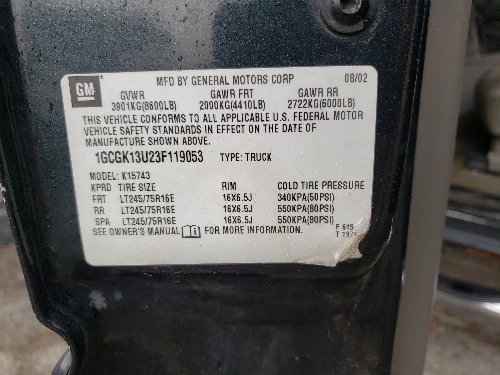 Photo 10 from auction – 2003 CHEVROLET SILVERADO with VIN 1GCGK13U23F119053
