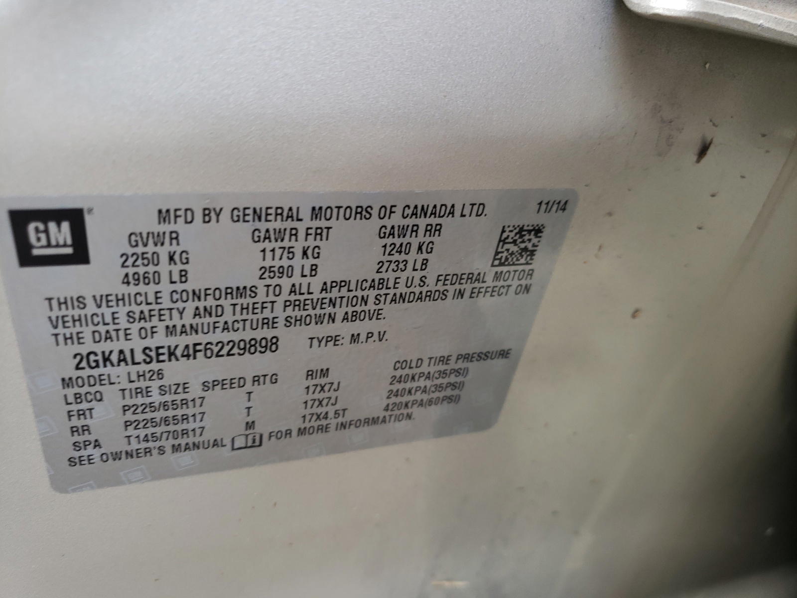 Photo 10 from auction – 2015 GMC TERRAIN SL with VIN 2GKALSEK4F6229898