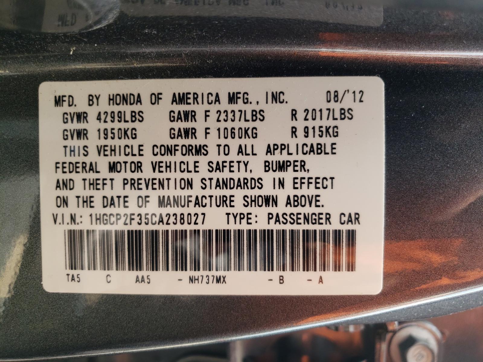 Photo 10 from auction – 2012 HONDA ACCORD LX with VIN 1HGCP2F35CA238027
