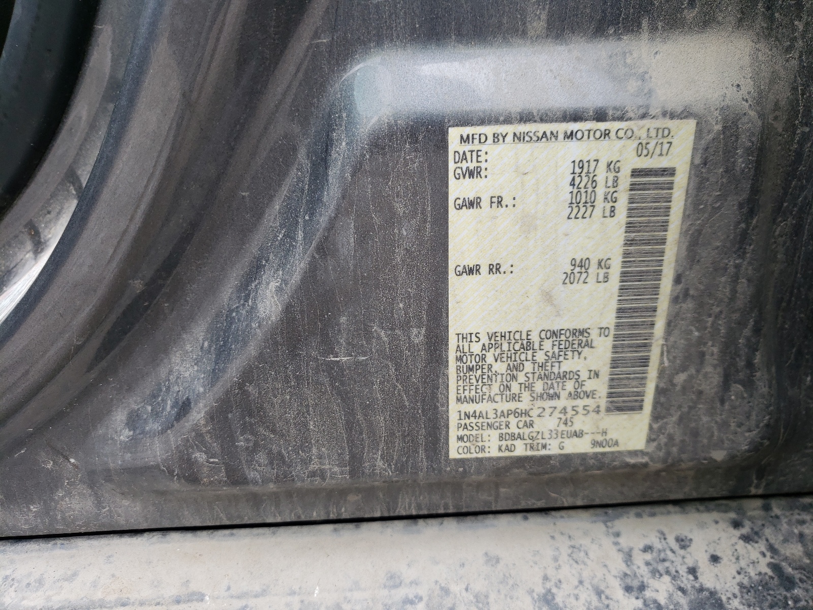 Photo 10 from auction – 2017 NISSAN ALTIMA with VIN 1N4AL3AP6HC274554