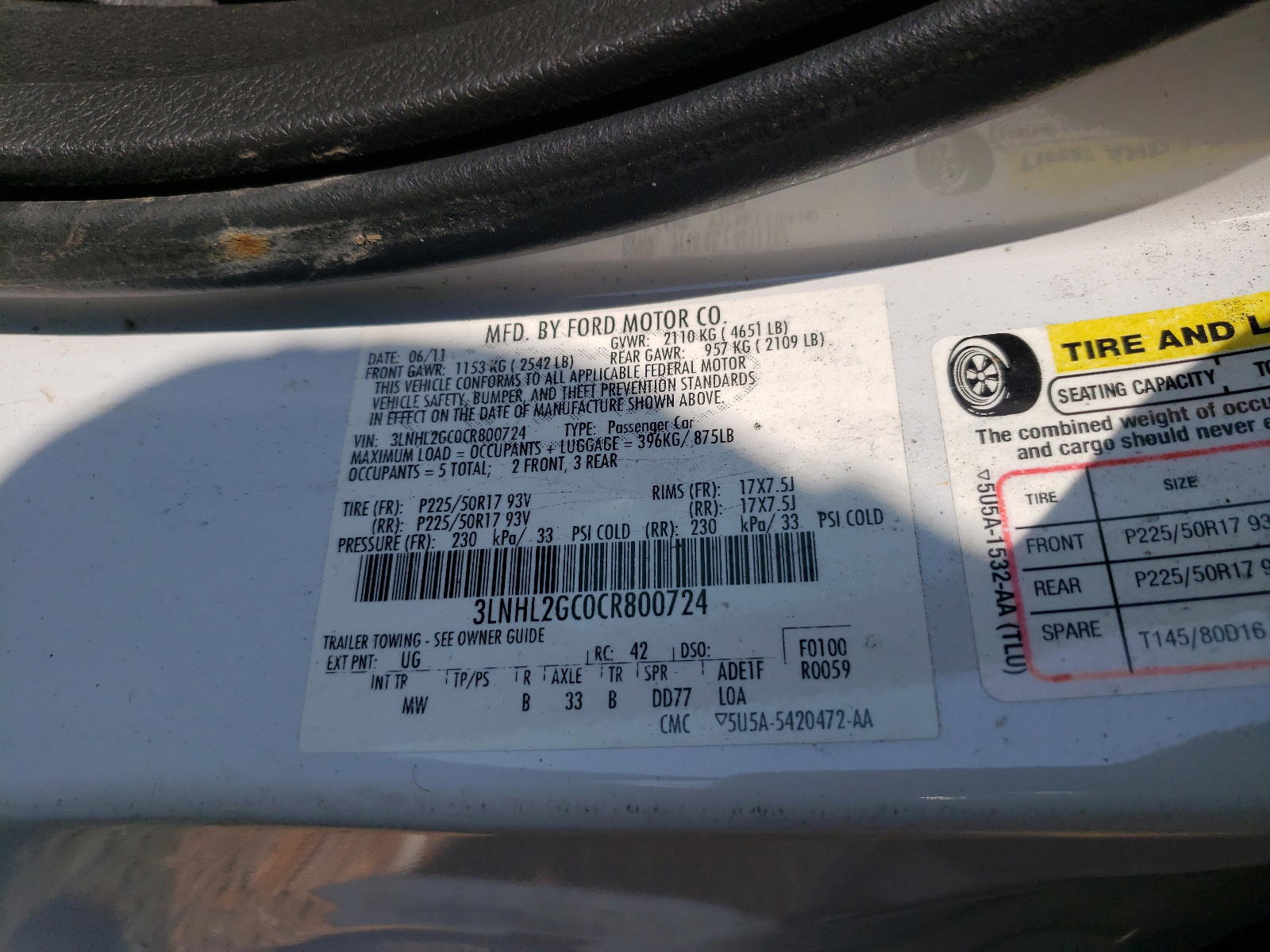 Photo 10 from auction – 2012 LINCOLN MKZ with VIN 3LNHL2GC0CR800724