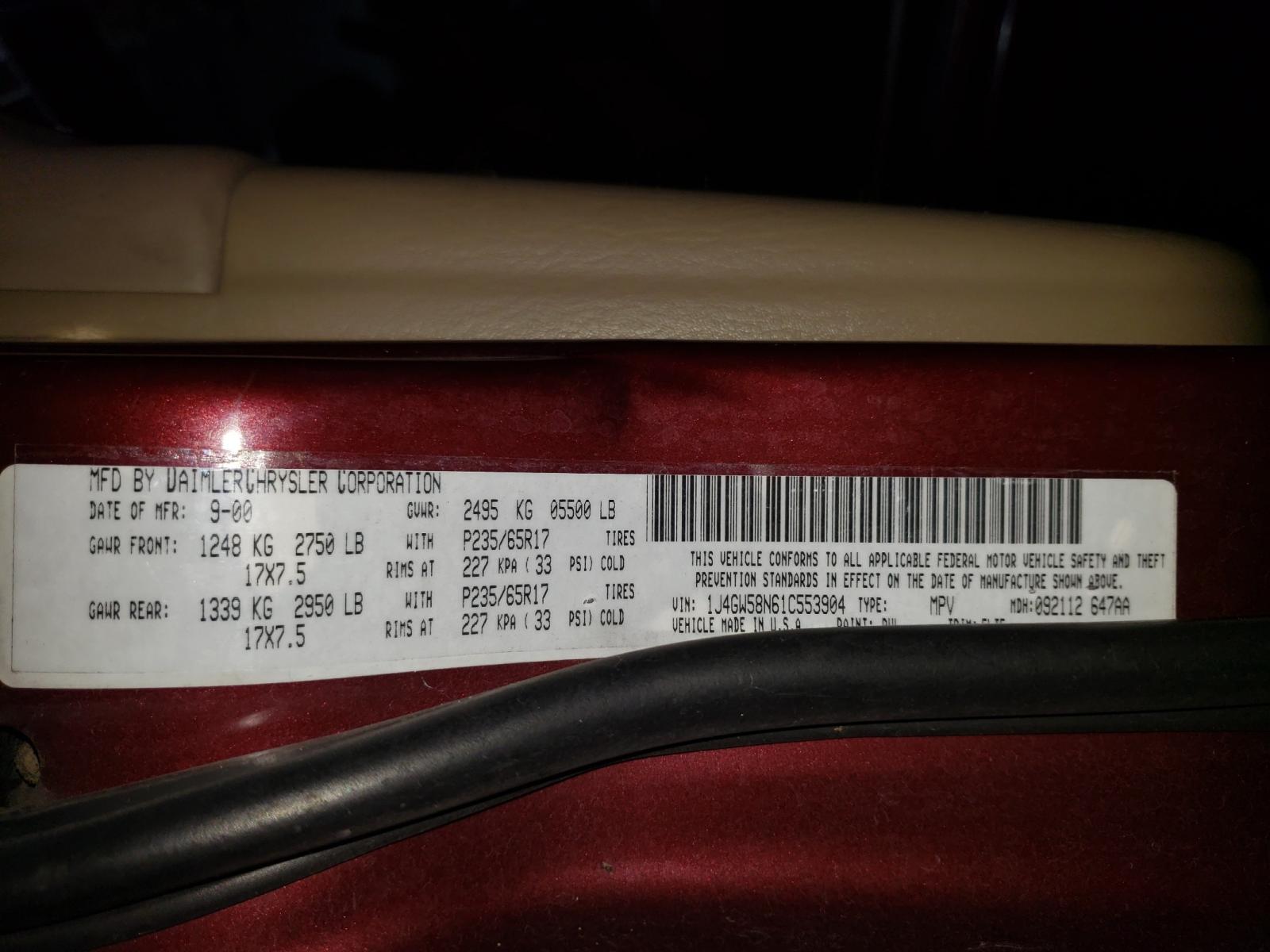 Photo 10 from auction – 2001 JEEP GRAND CHER with VIN 1J4GW58N61C553904