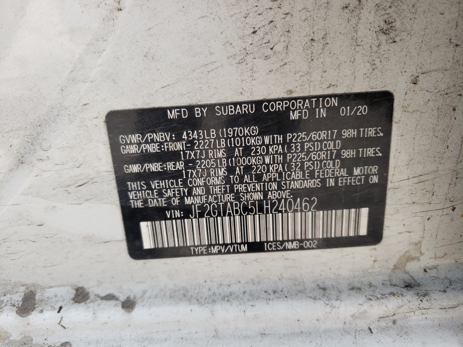 Photo 10 from auction – 2020 SUBARU CROSSTREK with VIN JF2GTABC5LH240462