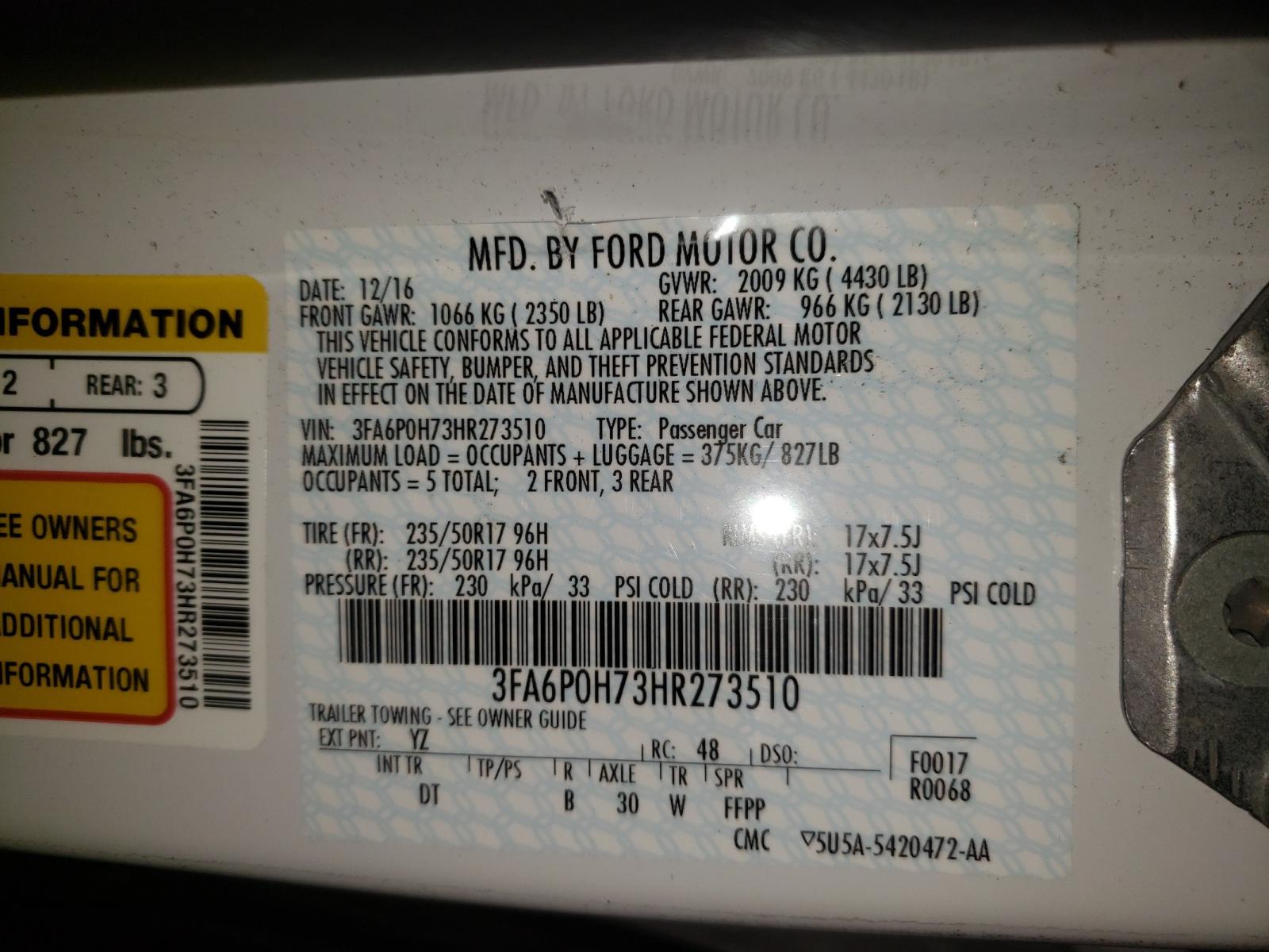 Photo 10 from auction – 2017 FORD FUSION SE with VIN 3FA6P0H73HR273510