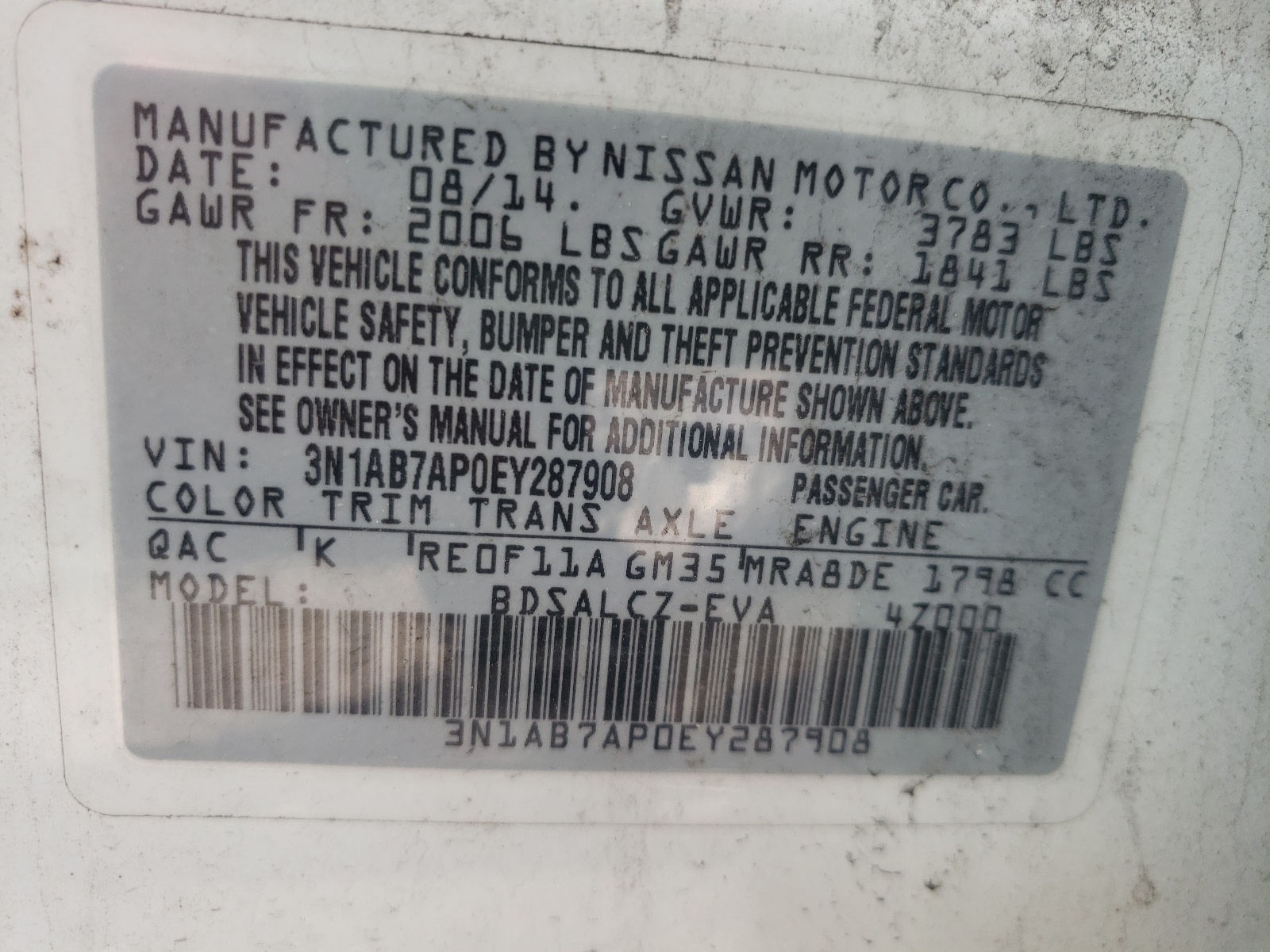Photo 10 from auction – 2014 NISSAN SENTRA S with VIN 3N1AB7AP0EY287908