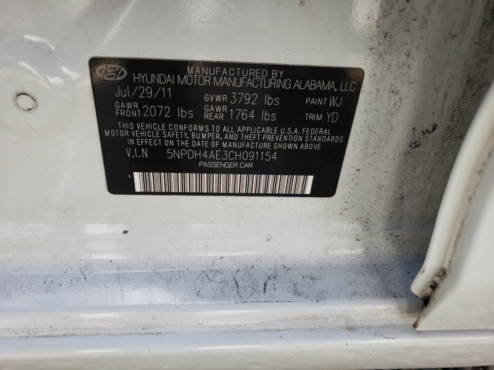 Photo 10 from auction – 2012 HYUNDAI ELANTRA GL with VIN 5NPDH4AE3CH091154