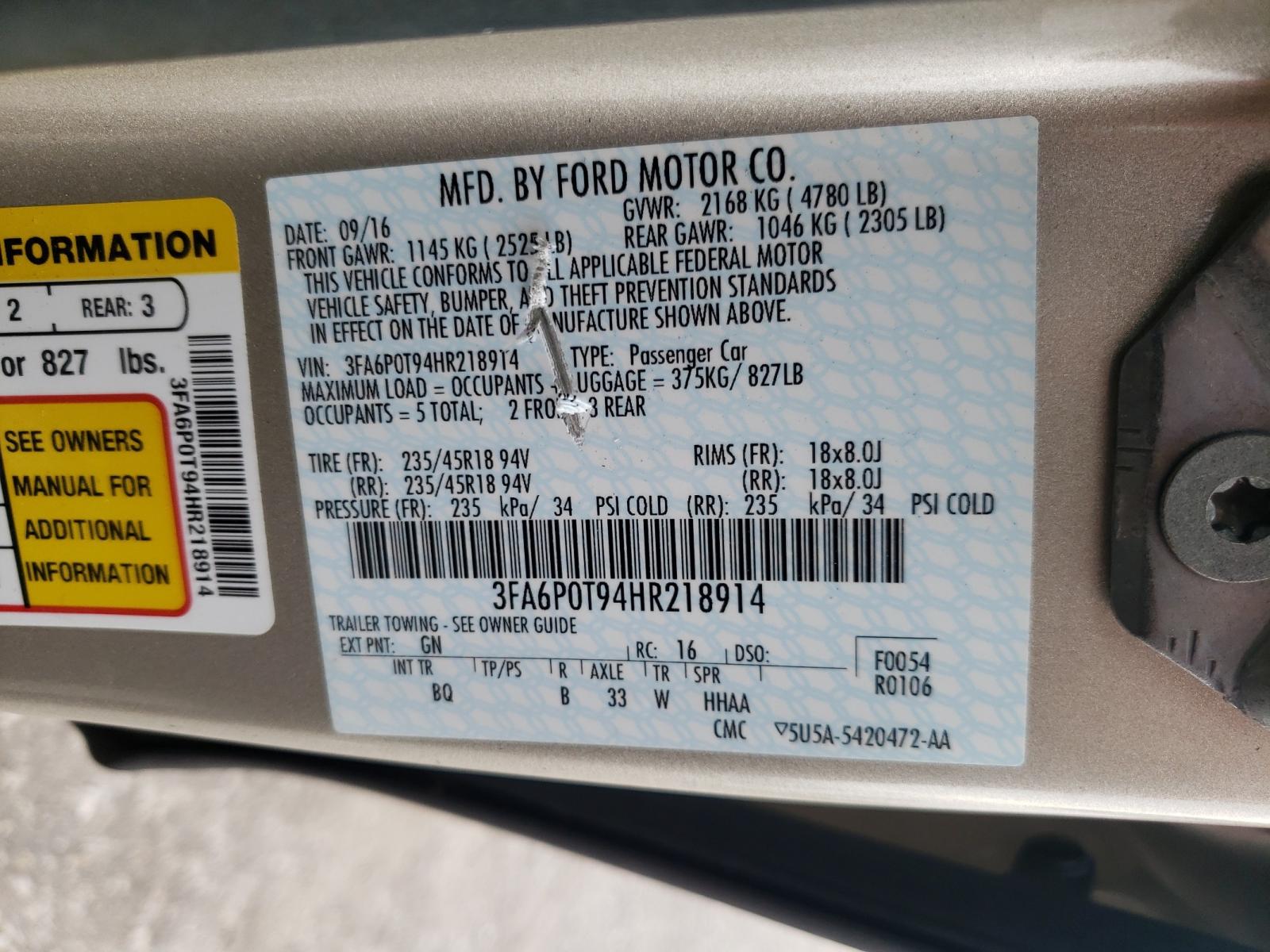 Photo 10 from auction – 2017 FORD FUSION SE with VIN 3FA6P0T94HR218914