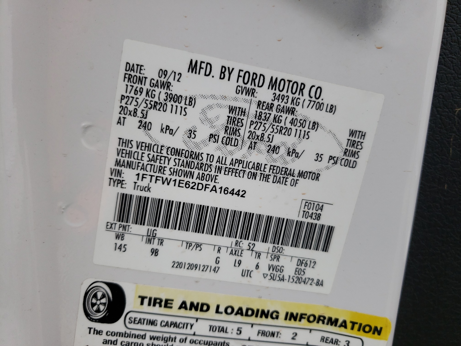 Photo 10 from auction – 2013 FORD F150 SUPER with VIN 1FTFW1E62DFA16442
