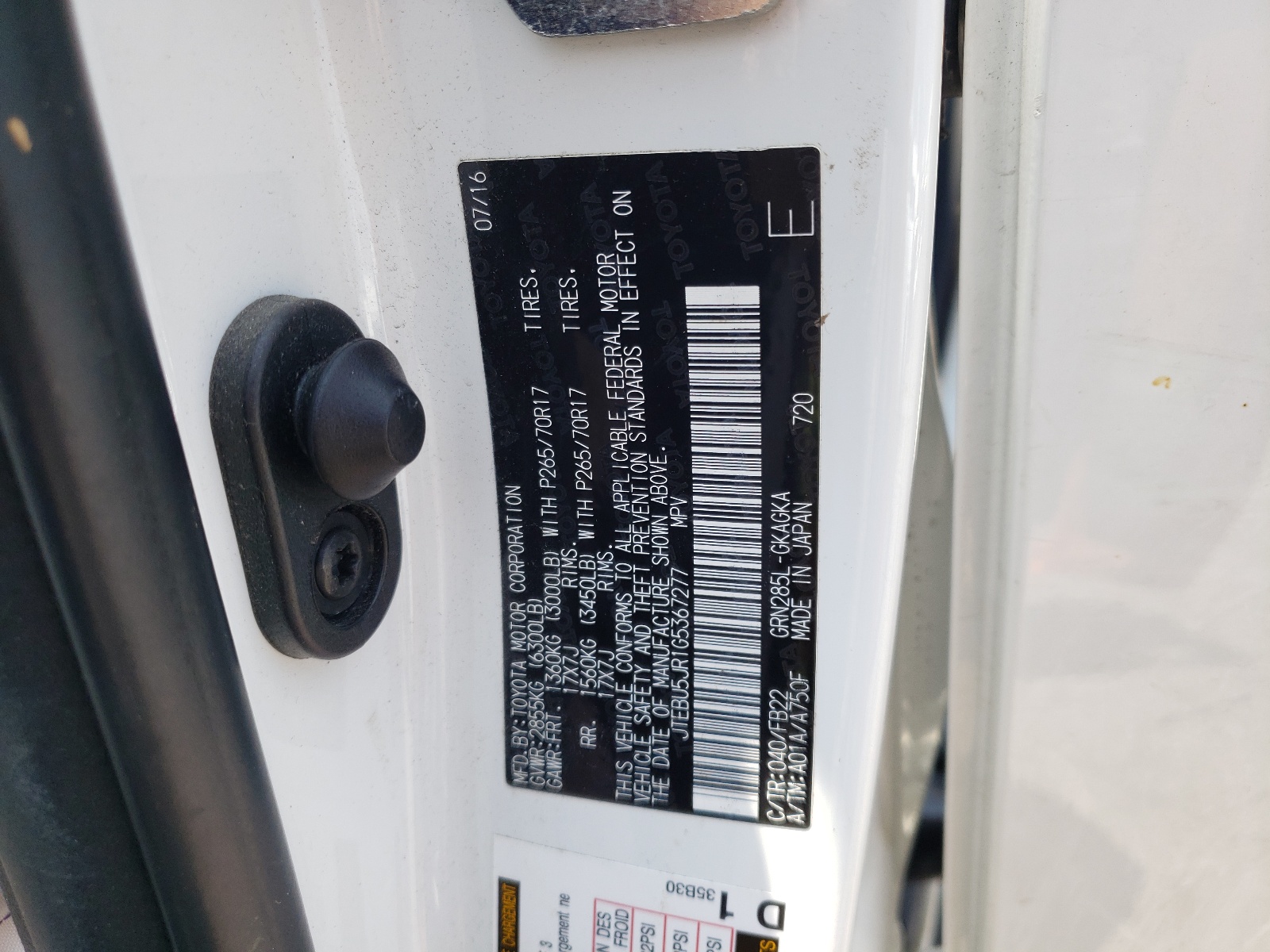 Zdjęcie 10 z aukcji – 2016 TOYOTA 4RUNNER SR z VIN JTEBU5JR1G5367277