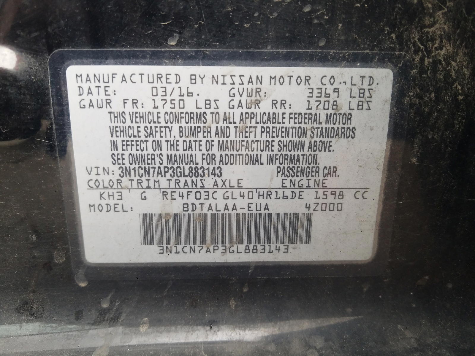 Photo 10 from auction – 2016 NISSAN VERSA S with VIN 3N1CN7AP3GL883143