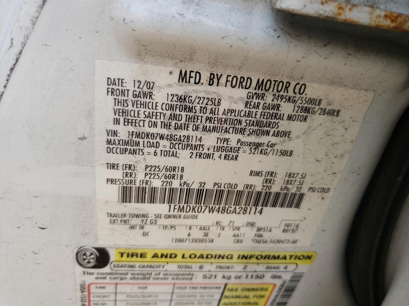 Photo 10 from auction – 2008 FORD TAURUS X E with VIN 1FMDK07W48GA28114