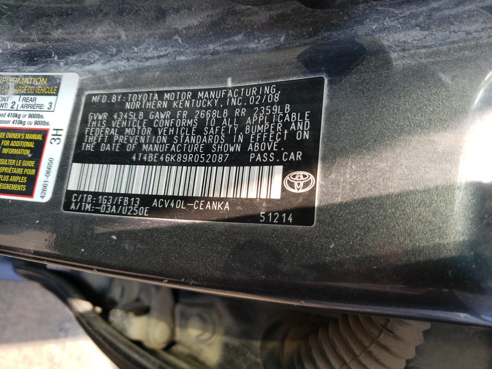 Photo 10 from auction – 2009 TOYOTA CAMRY BASE with VIN 4T4BE46K89R052087