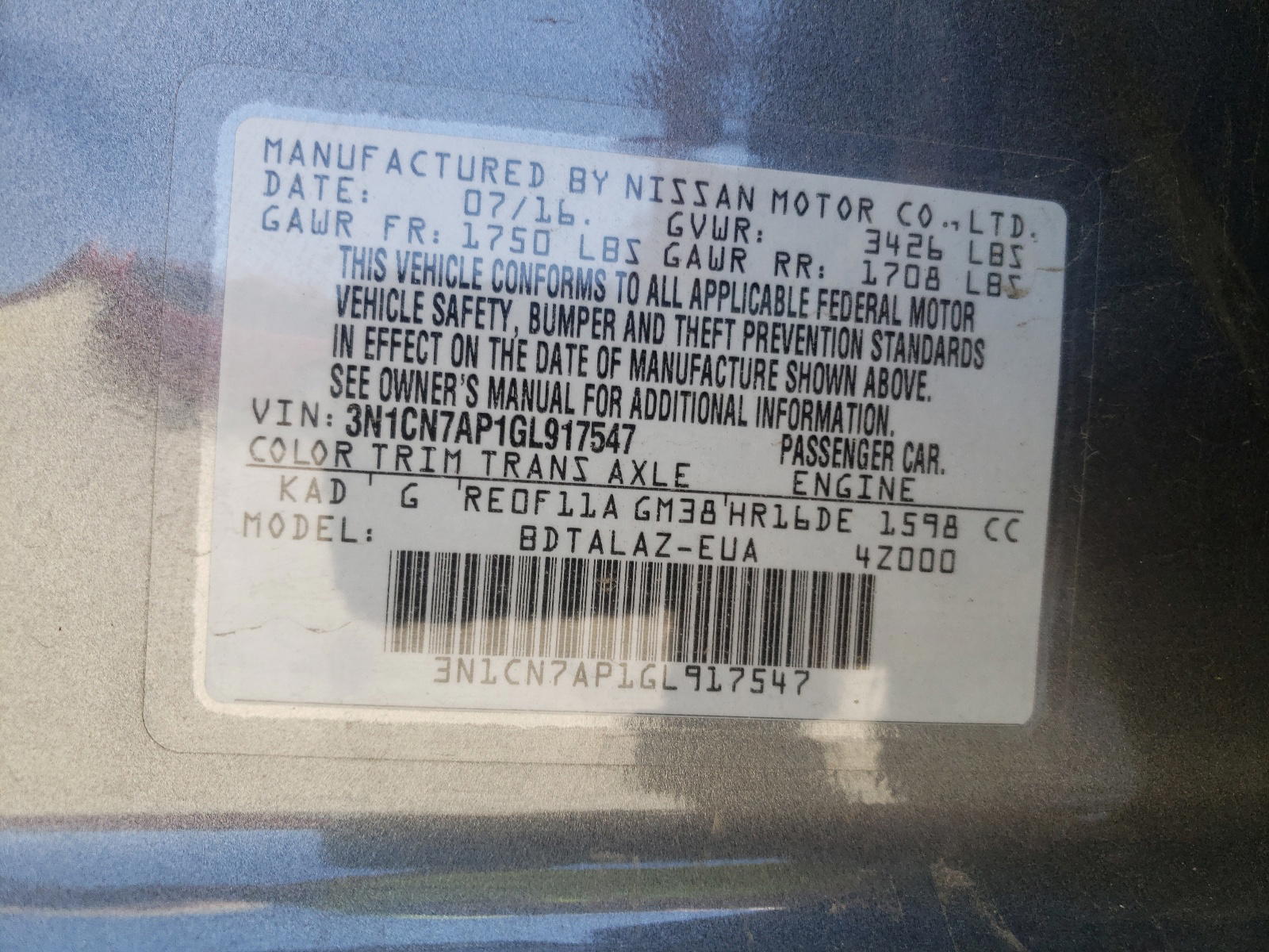 Photo 10 from auction – 2016 NISSAN VERSA S with VIN 3N1CN7AP1GL917547