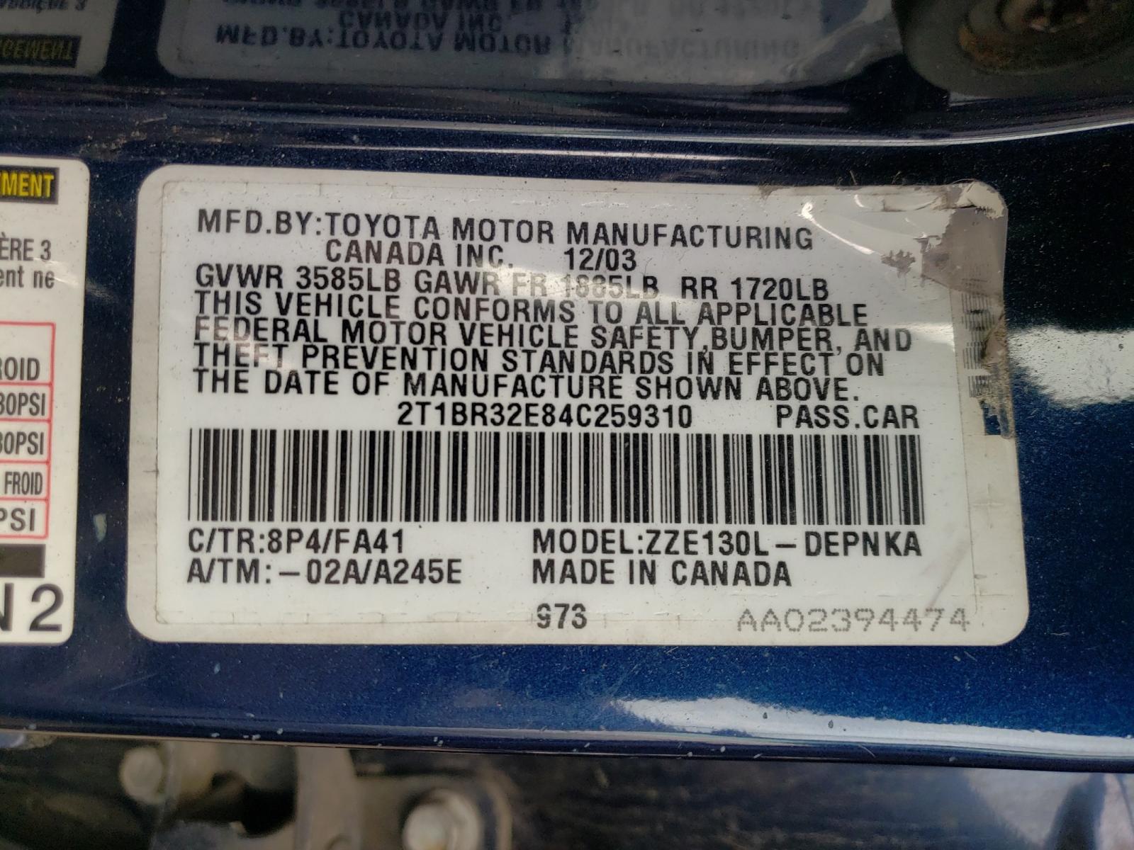 Photo 10 from auction – 2004 TOYOTA COROLLA with VIN 2T1BR32E84C259310