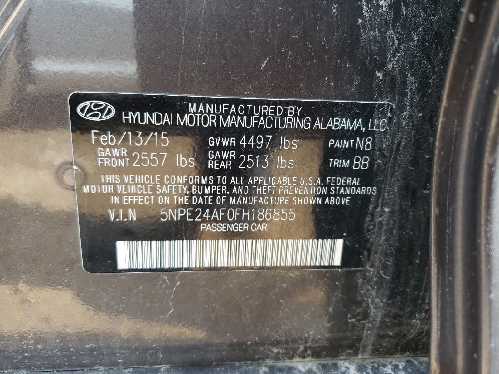 Photo 10 from auction – 2015 HYUNDAI SONATA SE with VIN 5NPE24AF0FH186855