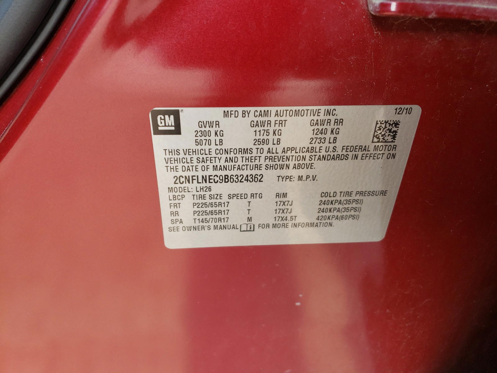 Photo 10 from auction – 2011 CHEVROLET EQUINOX LT with VIN 2CNFLNEC9B6324362