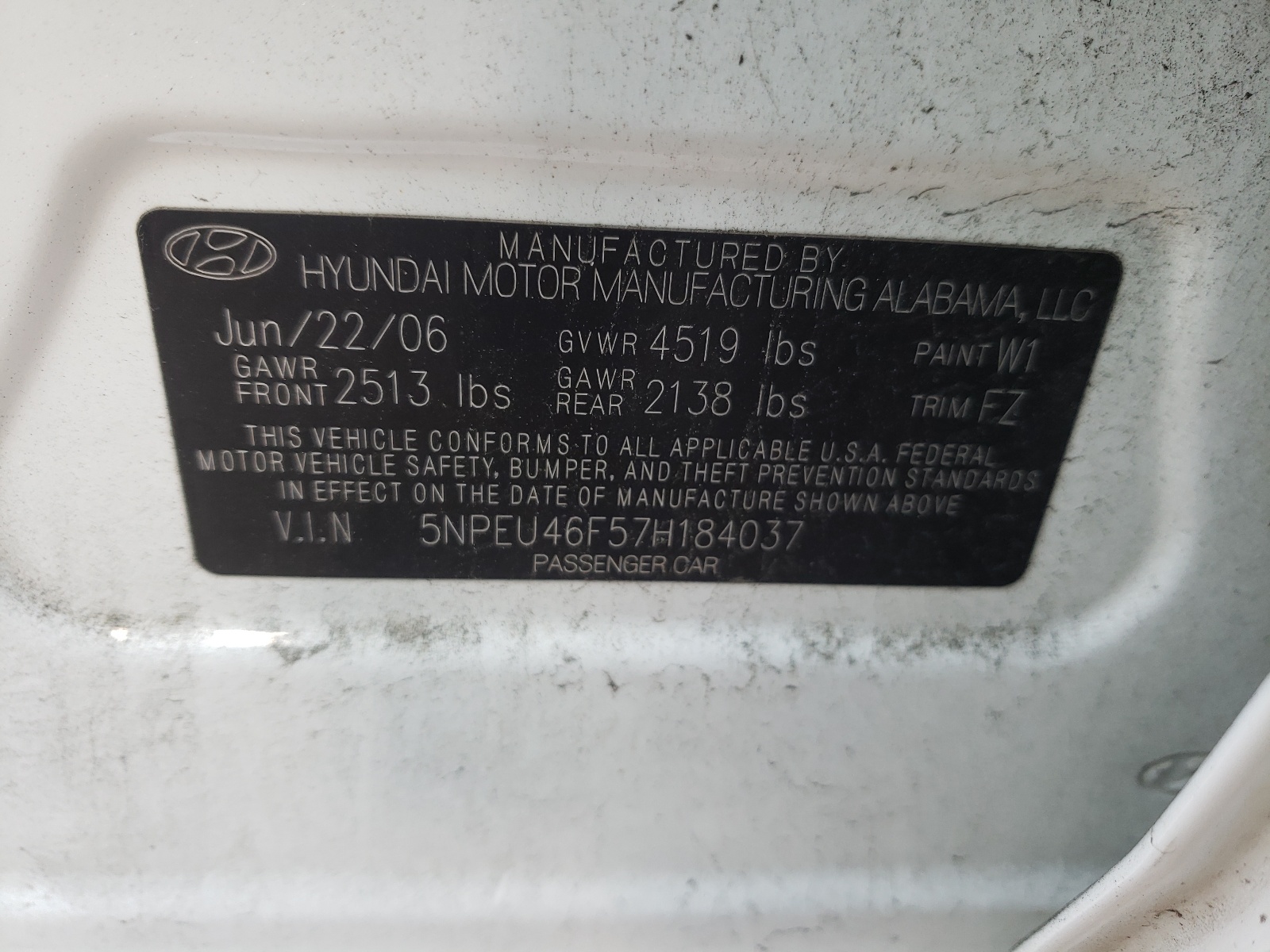 Photo 10 from auction – 2007 HYUNDAI SONATA SE with VIN 5NPEU46F57H184037