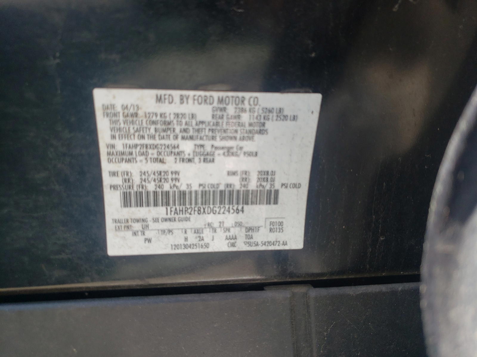 Photo 10 from auction – 2013 FORD TAURUS LIM with VIN 1FAHP2F8XDG224564