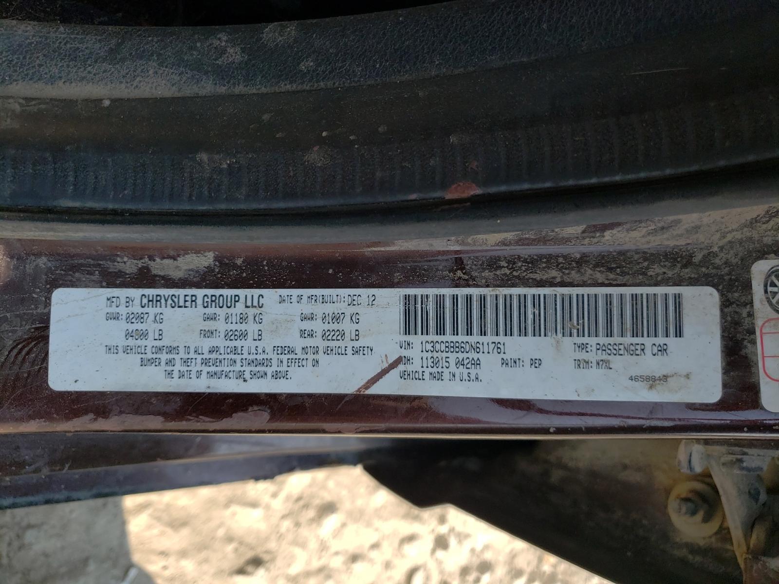 Photo 10 from auction – 2013 CHRYSLER 200 TOURIN with VIN 1C3CCBBB6DN611761