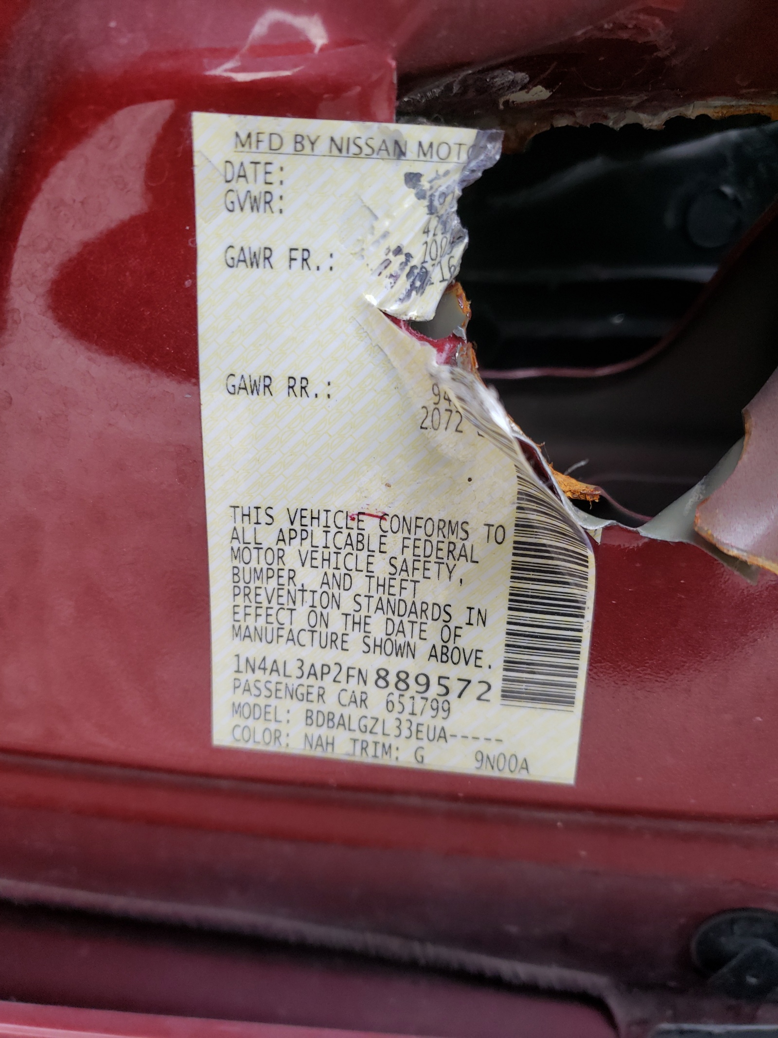 Photo 10 from auction – 2015 NISSAN ALTIMA 2.5 with VIN 1N4AL3AP2FN889572