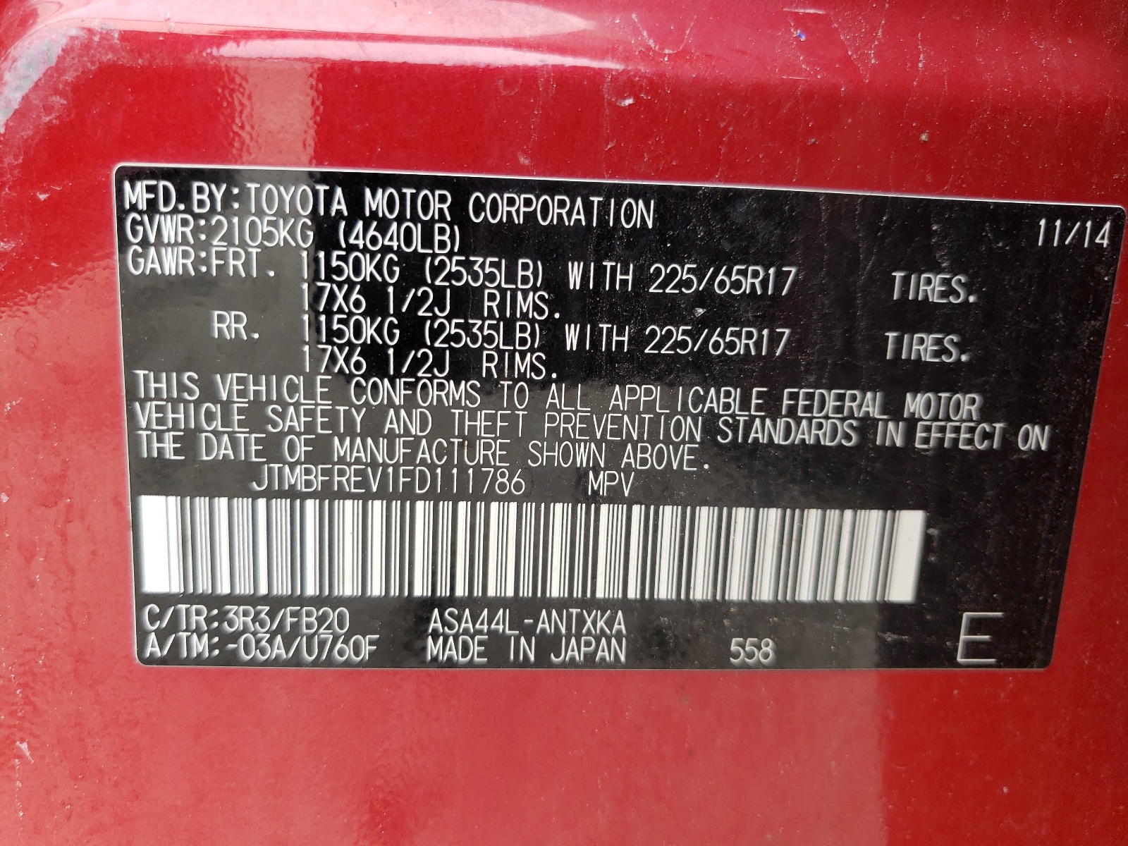 Photo 10 from auction – 2015 TOYOTA RAV4 LE with VIN JTMBFREV1FD111786