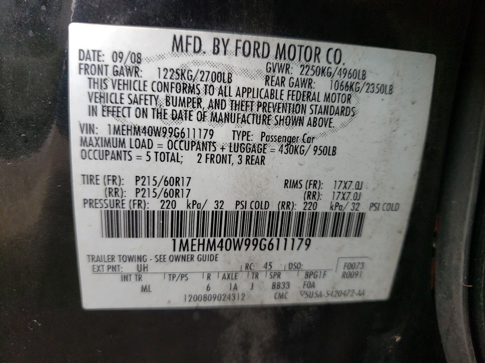 Photo 10 from auction – 2009 MERCURY SABLE with VIN 1MEHM40W99G611179