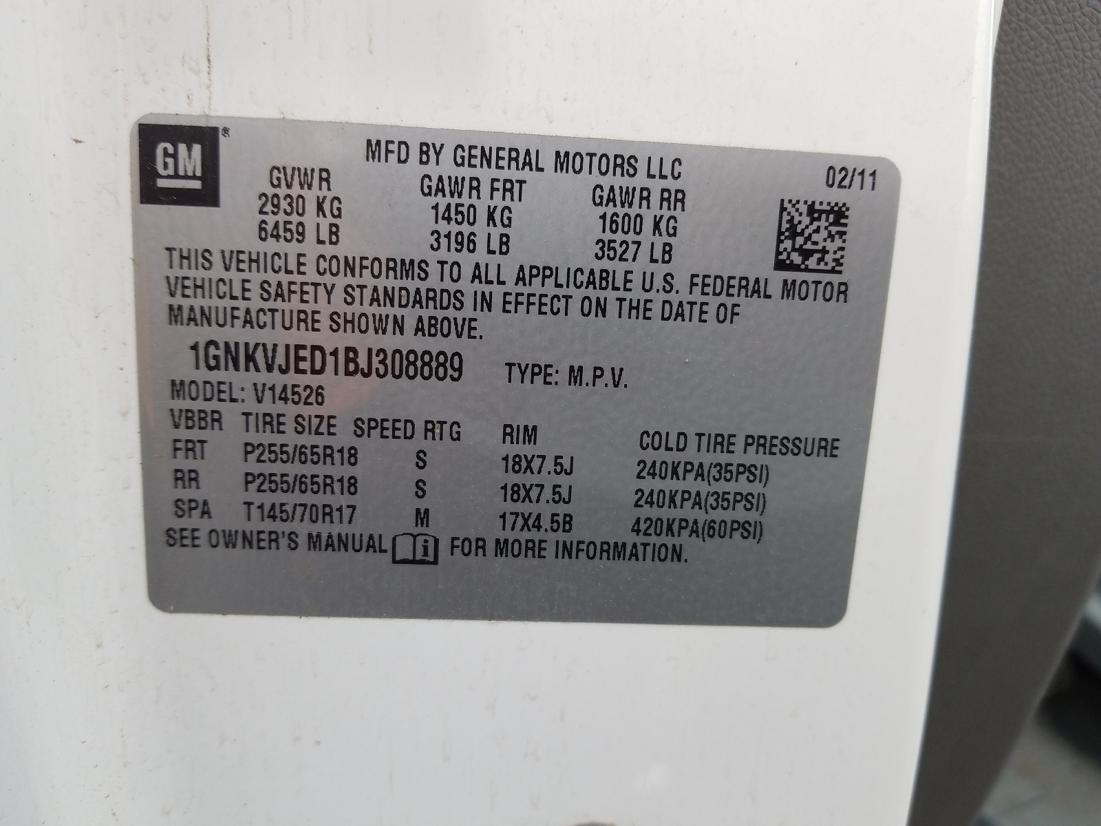 Photo 10 from auction – 2011 CHEVROLET TRAVERSE L with VIN 1GNKVJED1BJ308889