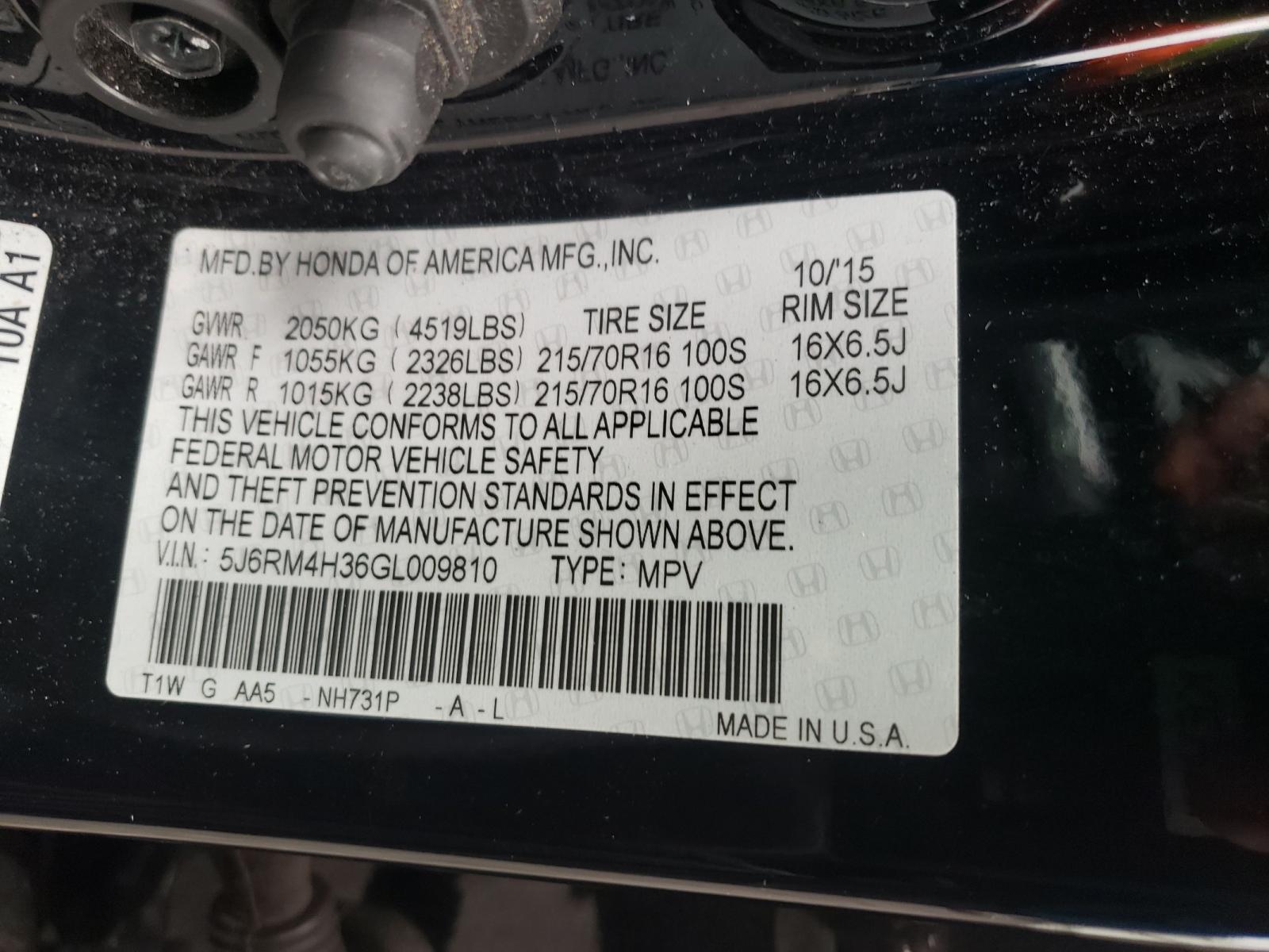 Photo 10 from auction – 2016 HONDA CR-V LX with VIN 5J6RM4H36GL009810