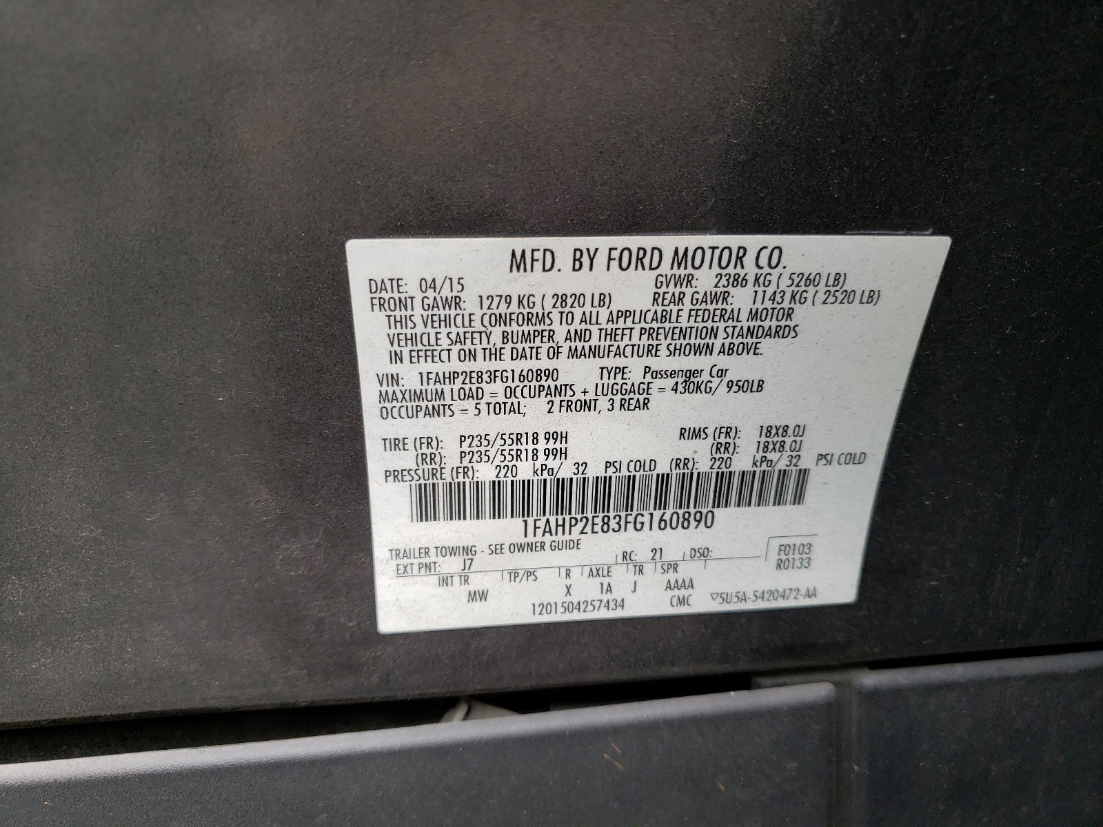 Photo 10 from auction – 2015 FORD TAURUS SEL with VIN 1FAHP2E83FG160890