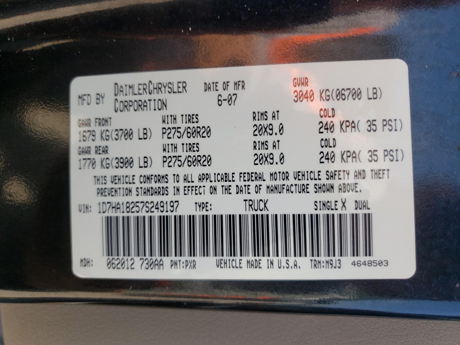 Photo 10 from auction – 2007 DODGE RAM 1500 S with VIN 1D7HA18257S249197