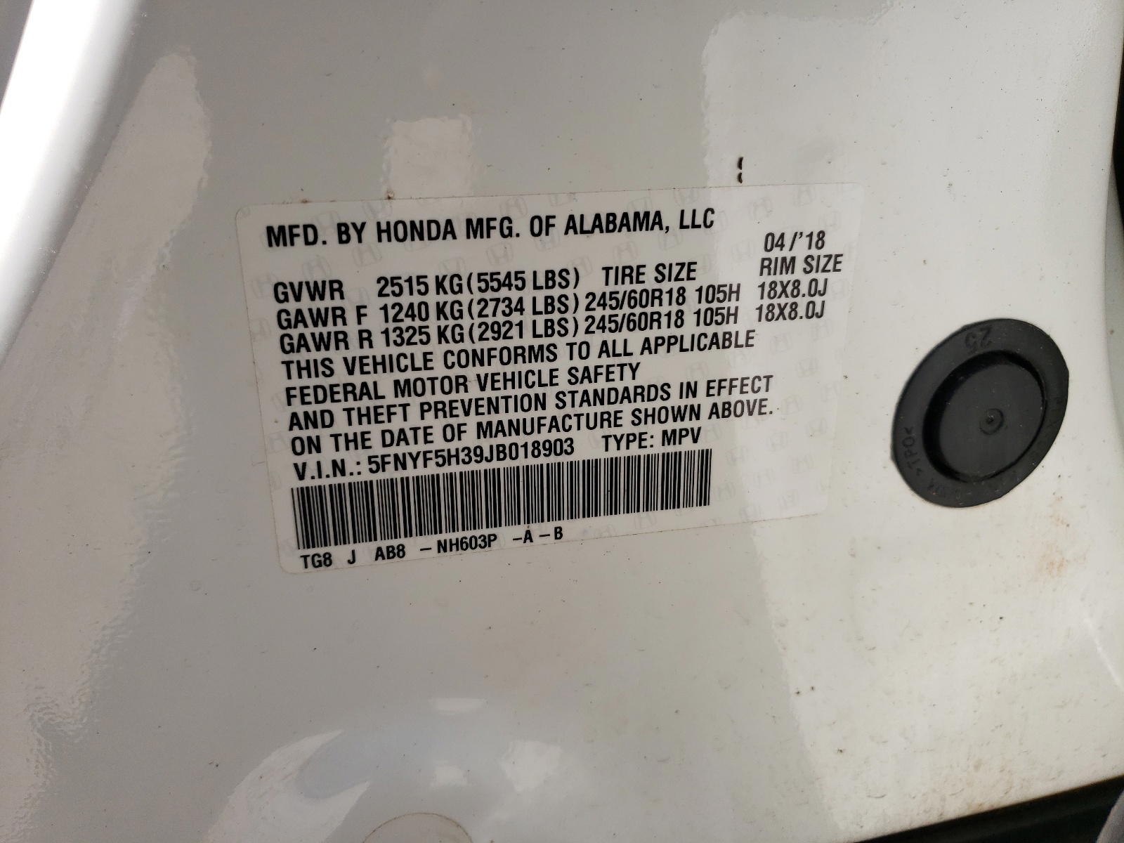 Photo 10 from auction – 2018 HONDA PILOT EX with VIN 5FNYF5H39JB018903