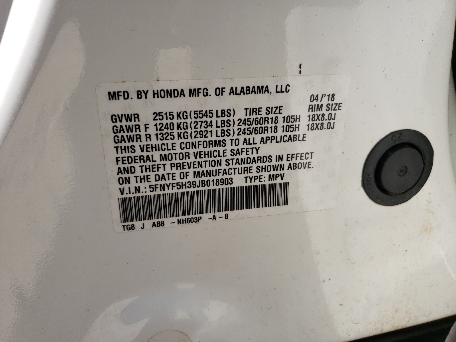صورة رقم 10 من المزاد - 2018 HONDA PILOT EX مع VIN 5FNYF5H39JB018903