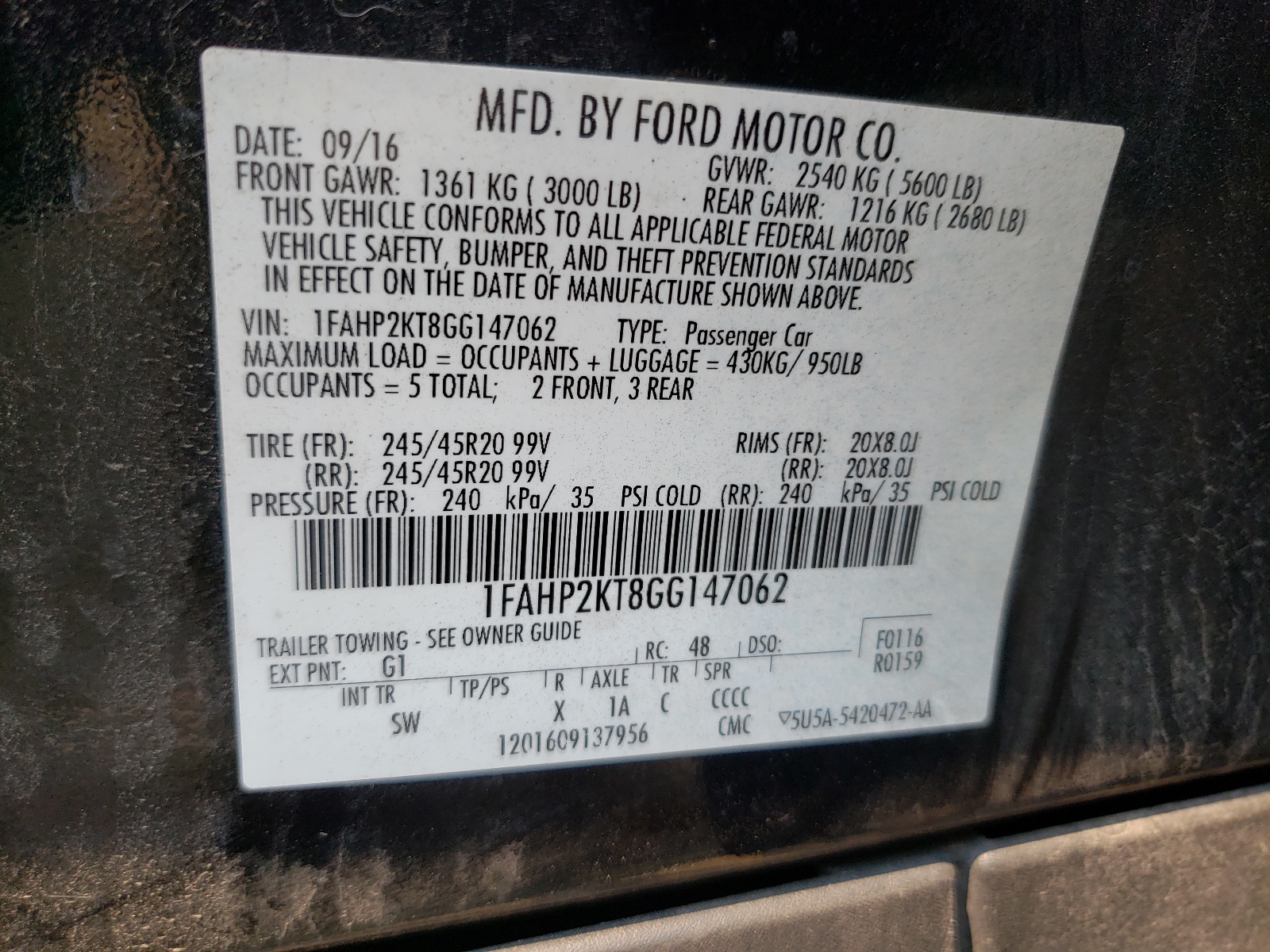 Photo 10 from auction – 2016 FORD TAURUS SHO with VIN 1FAHP2KT8GG147062