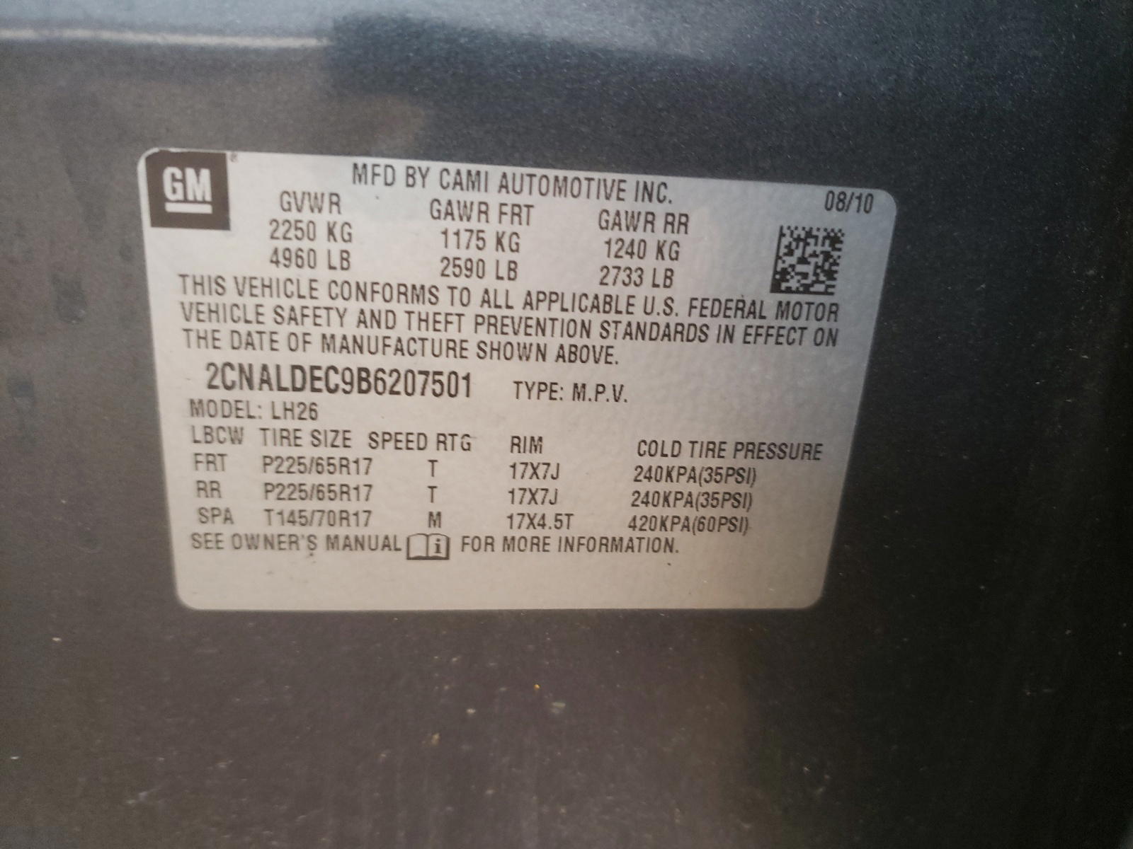 Photo 10 from auction – 2011 CHEVROLET EQUINOX LT with VIN 2CNALDEC9B6207501