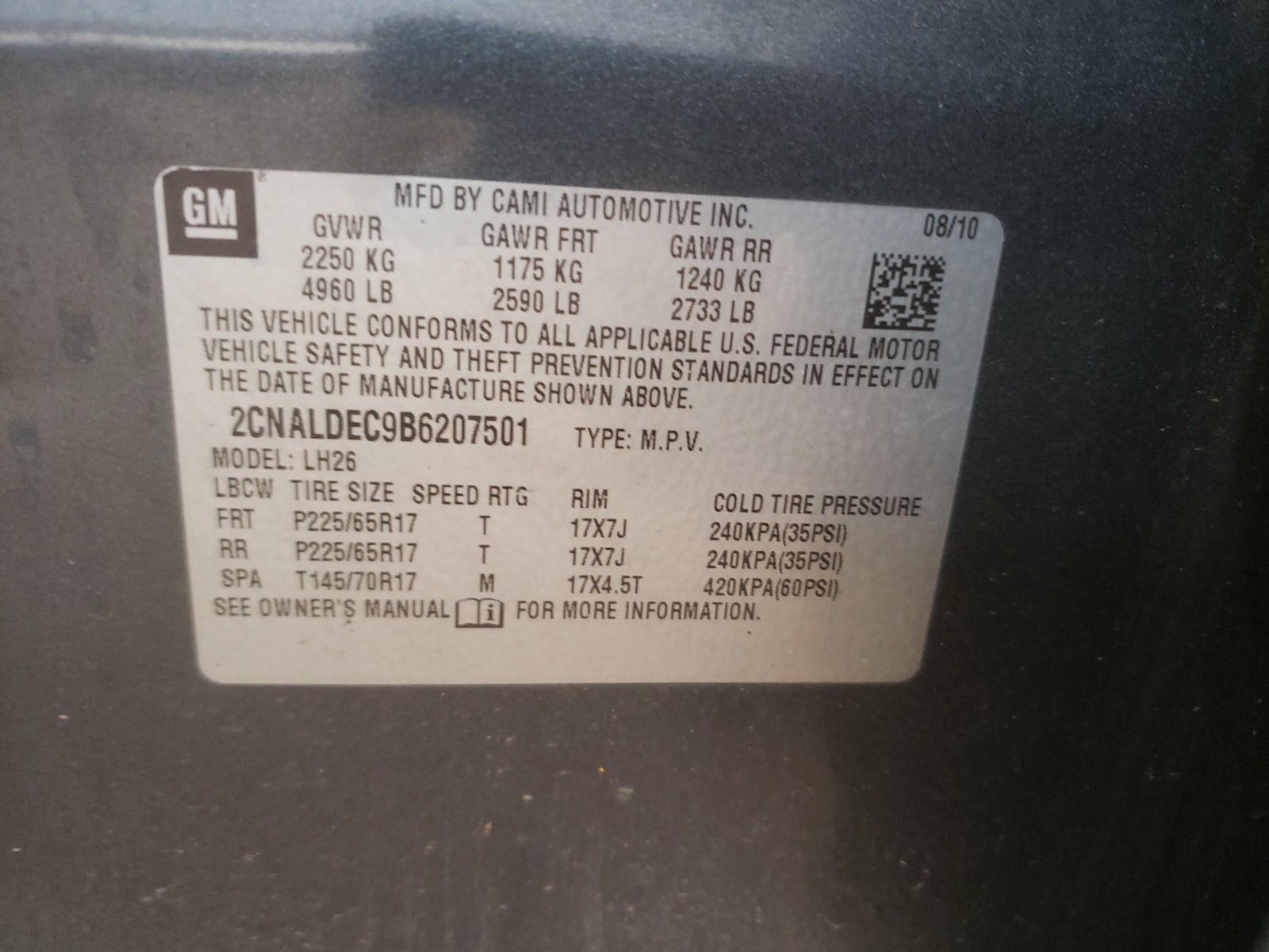 Фото 10 с аукциона – 2011 CHEVROLET EQUINOX LT с VIN 2CNALDEC9B6207501