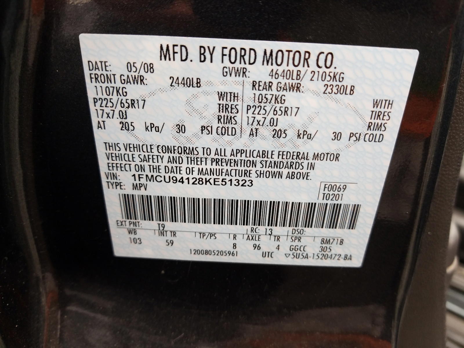 Photo 10 from auction – 2008 FORD ESCAPE LIM with VIN 1FMCU94128KE51323