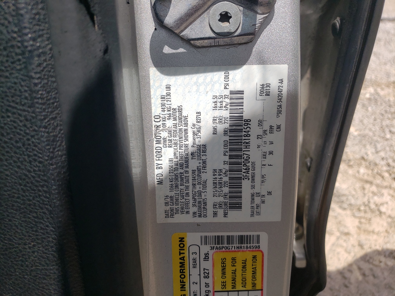 Photo 10 from auction – 2017 FORD FUSION S with VIN 3FA6P0G71HR184598