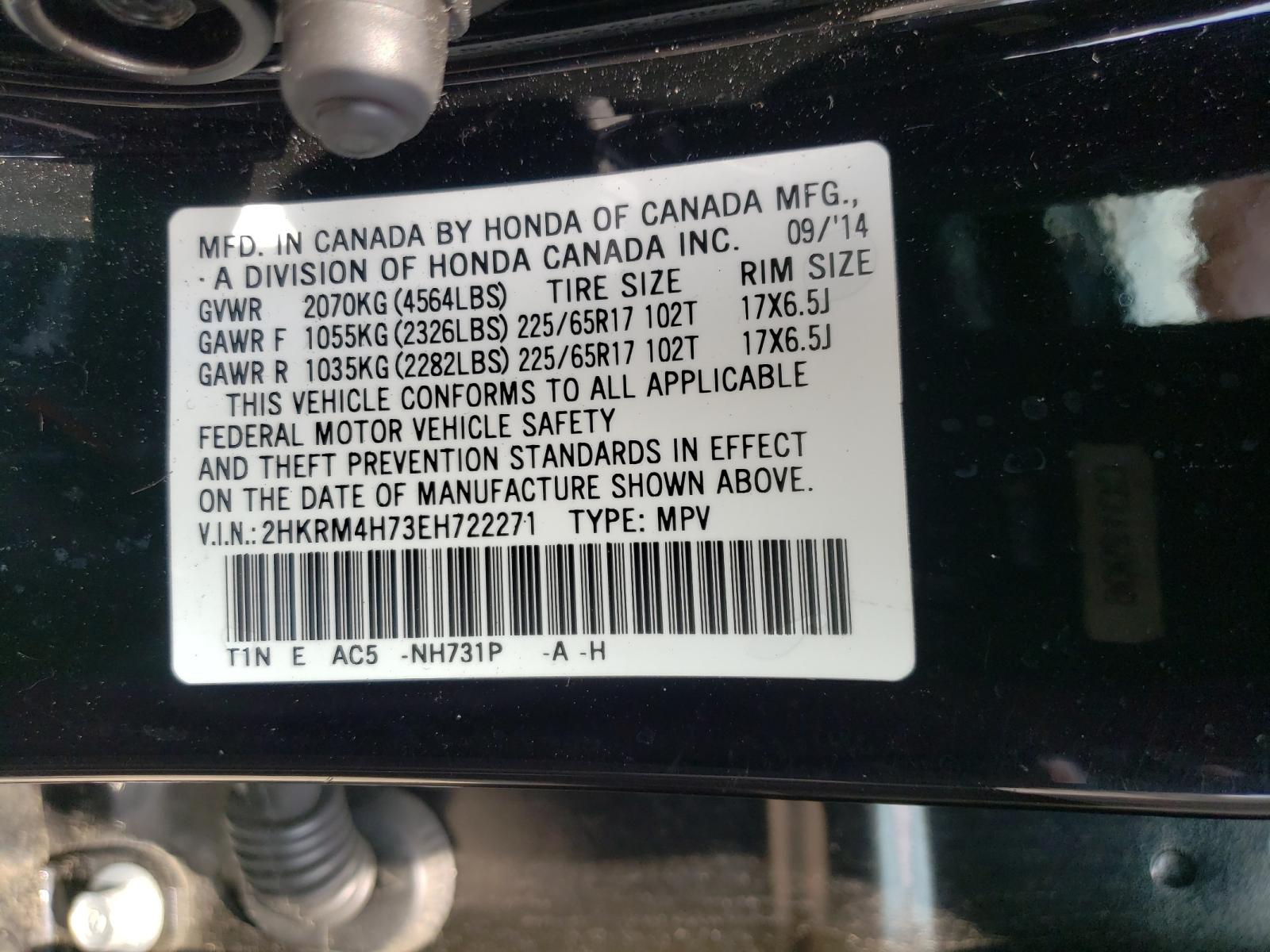 Photo 10 from auction – 2014 HONDA CR-V EXL with VIN 2HKRM4H73EH722271