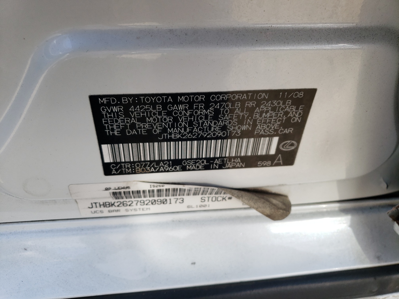 Photo 10 from auction – 2009 LEXUS IS 250 with VIN JTHBK262792090173